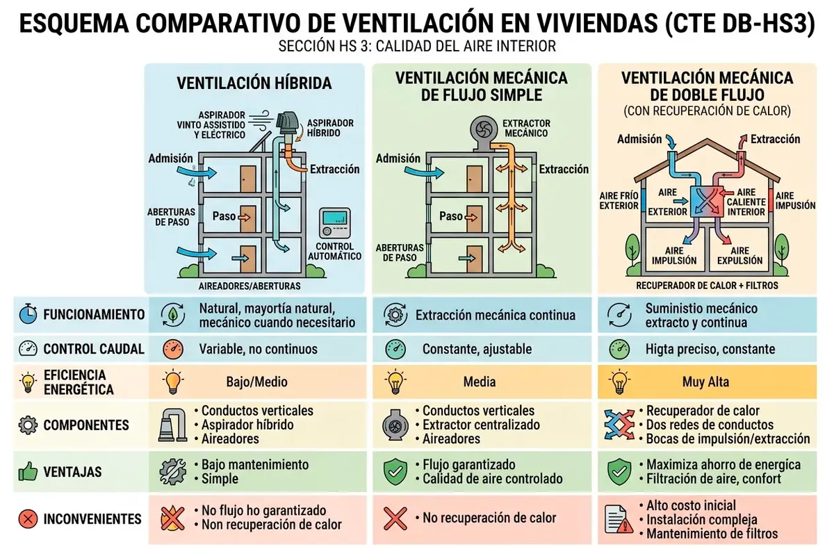 Esquema comparativo de los tres tipos de ventilación mecánica en viviendas: simple flujo, doble flujo y doble flujo con recuperador según el CTE DB-HS3