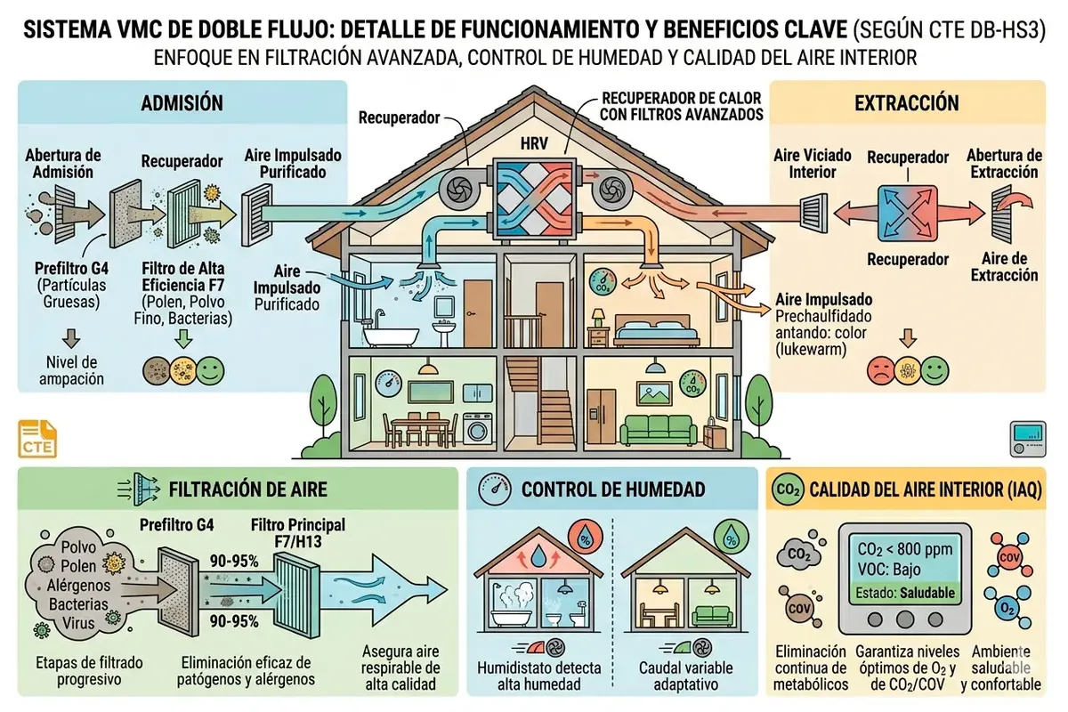Vivienda con sistema de ventilación mecánica controlada (VMC) de doble flujo: filtración de aire, control de humedad y mejora de la calidad del aire interior